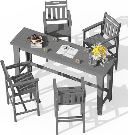 Ciokea Outdoor Bar Height Table Set of 5, 60" Extra Long Rectangle High Top Table and 4 Oversized Adirondack Chairs Set, Heavy-Duty All-Weather HDPE Patio Bar Set for Backyard Balcony Deck, Grey