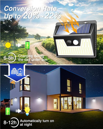 Peasur Solar Lights Outdoor Waterproof, 4 Pack 140LED Motion Sensor Light, 3 Modes Solar Powered Fence Security Lights for Patio Step Deck House Outside(Cool White)