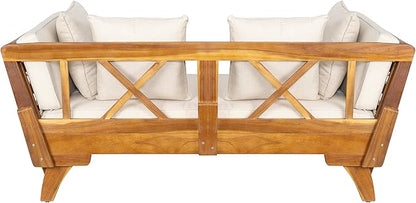 Merax Outdoor Patio Daybed Sofa,3-Seat Sofa with Foldable Arm 4 Back Pillows,Teak Acacia Wood Frame Beige Removable Cushion,Teak+ Beige