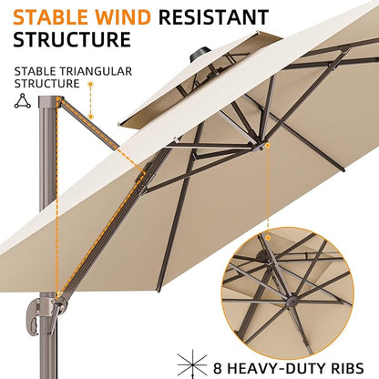9' X 12' Cantilever Outdoor Patio Umbrellas Double Top Large Rectangle Umbrella Heavy Duty 360°Rotation Offset Umbrella for Garden Deck Pool Patio,Beige