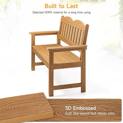 ONBRILL Outdoor Bench, 2-Person Poly Lumber Garden Bench with 800 lbs Weight Capacity, All-Weather Patio Bench with Armrests and Backrest for Garden, Porch, Backyard and Park, Teak