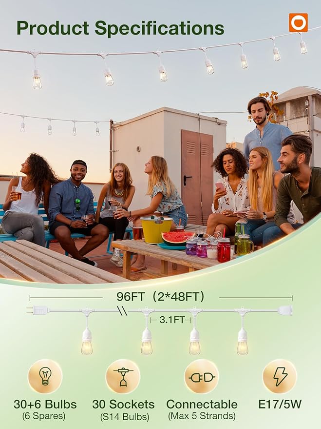String Lights, 96 FT Outdoor Warm White Weatherproof