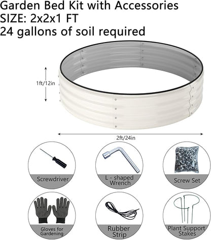 Galvanized Metal Planter Round Raised Garden Bed Kit for Gardening Outdoor，2x2x1ft 2pc Grow Garden Box Raised Flower Bed，Round Galvanized Planter Outdoor Metal Fire Pit Ring White