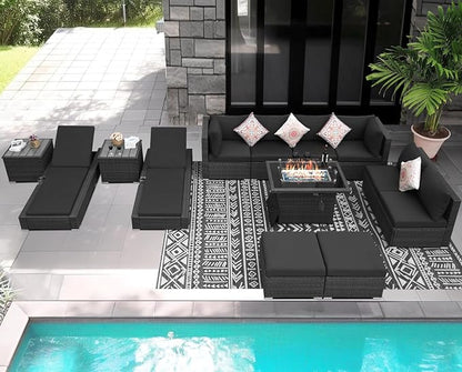 NICESOUL 13 Piece Patio Set with Fire Pit Table, Luxury Large Size Outdoor Furniture with Firepit & Chaise Lounge, 29.3" Highback Deep Seating 500 lbs Heavy Duty for Backyard, Deck, Dark Grey