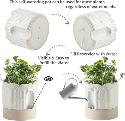 Nihow Self Watering Plant Pot for Indoor Plants : 6 Inch & 8 Inch Ceramic Planter with Drainage Hole & Water Storage - Relief Design Beige & Nature Flower Pot -Set of 2