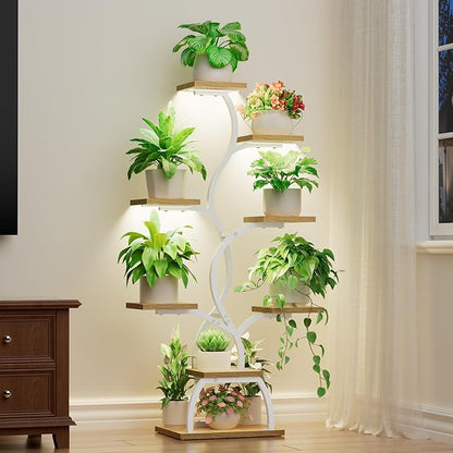 Plant Stand Indoor with Grow Light - 8 Tiered Plant Shelf Indoor, Corner Plant Stand, 49" Tall Plant Shelf with Lights for Indoor Growing, Lighted Flower Holder for Living Room, Balcony (White)