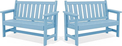SERWALL Outdoor Bench, HDPE Outdoor Benches Weatherproof, 2-Person Garden Bench with 660 lbs Weight Capacity, Patio Benches for Outdoors, Garden, Porch, Backyard and Park, Light Blue, 2 Pack