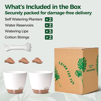 T4U 2 Pack 8 Inch Self Watering Pots - Water Level Indicator & Deep Reservoir, Mess-Free Planter for Busy People, Beginners & Gardeners, Pothos/Herbs/Snake Plants, Indoor Outdoor Use (White)