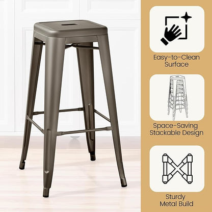 Yaheetech 30 Inch Metal Bar Stools Set of 4, Bar Height Backless Bartools, Industrial Stackable Bar Chairs with Footrest for Kitchen/Dining Room/Bistro/Patio, Gun Metal