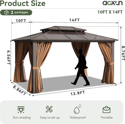 Aoxun 10'x14' Hardtop Gazebo, Aluminum Frame Permanent Pavilion with Curtains and Netting, Outdoor Polycarbonate Double Roof Canopy, for Patio, Garden, Lawn, Brown