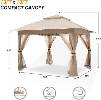 COOSHADE 13x13 Pop Up Gazebo Tent Outdoor Canopy Patio Shelter with Mosquito Netting(Khaki)