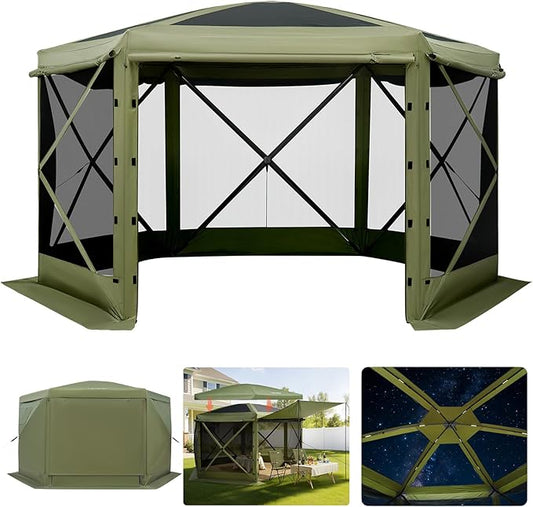 VEVOR Pop up Gazebo Screen Tent, 10 x 10 ft Large 6-Sided Camping Canopy Tent with Removable Top & Carry Bag, Quick-Set & Bite-Proof, Screen House Sun Shelter for 6-8 Persons Backyard Patio, Green