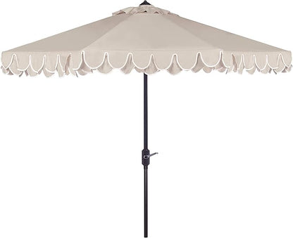 SAFAVIEH 9ft Outdoor Patio Umbrella, Round, Valance, Beige & White Trim, Auto Crank Tilt, UV Resistant for Deck, Backyard, Poolside (PAT8006C)