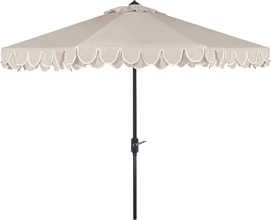SAFAVIEH 9ft Outdoor Patio Umbrella, Round, Valance, Beige & White Trim, Auto Crank Tilt, UV Resistant for Deck, Backyard, Poolside (PAT8006C)