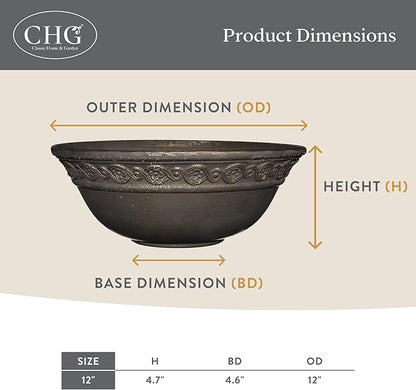 Classic Home and Garden Corinthian Shallow Planter with Drainage - Decorative Garden Bowl Planter for Succulents, Flowers, & More - UV Resistant Wide Plant Bowl for Indoors/Outdoors (12” Ivory Ash)