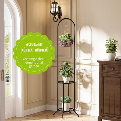 BMOSU Plant Stand with Hooks Indoor Outdoor Corner Tall Plant Stand Heavy-Duty Metal 3-Tier Plant Shelf Holder Rack for Patio Garden Balcony Living Room Bedroom(circular Black)