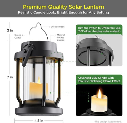 Solar Lantern Outdoor & Indoor Use – Hanging Solar Lights with Realistic Flickering Flameless Candle, Weatherproof for Gardens, Patios, Trees, and Lawns (Black, 1 Pack)