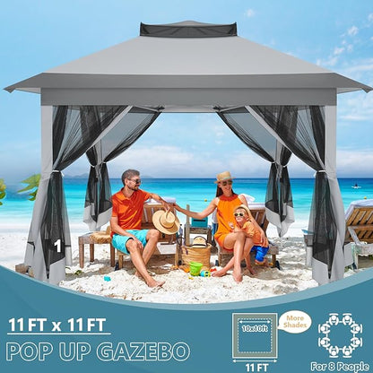COBIZI 11x11 Pop Up Gazebo Canopy Tent Easy Up Outdoor Gazebo Waterproof Upgrade Portable Gazebo with Mosquito Nettings, Double Vented Roof and Carry Bag for Patio Garden Lawn(Gray)