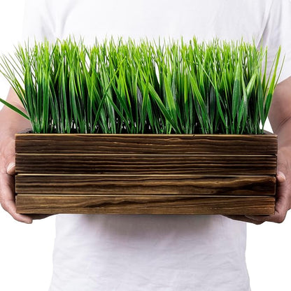 MyGift 14 Inch Artificial Green Grass Plant in Rustic Burnt Solid Wood Rectangular Crate Style Planter Box, Indoor Decor Faux Greenery in Decorative Wooden Container