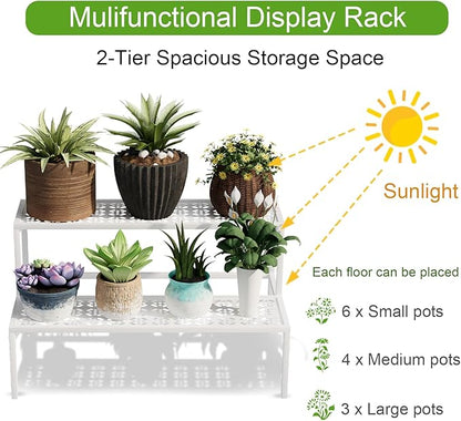 Metal Plant Stand Metal 2 Tier Potted Multiple Flower Pot Holder Plant Shelf Indoor Plants Multiple,Outdoor Heavy Duty Planter Display Shelving Unit for Patio Garden Corner Balcony Living Room(White)