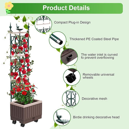 Raised Garden Bed Planter Boxes with Trellis,61.4" Self-Watering Trellis with Planter Box for Climbing Plants Flowers Vegetables with Wheels,Use for Indoor Outdoor