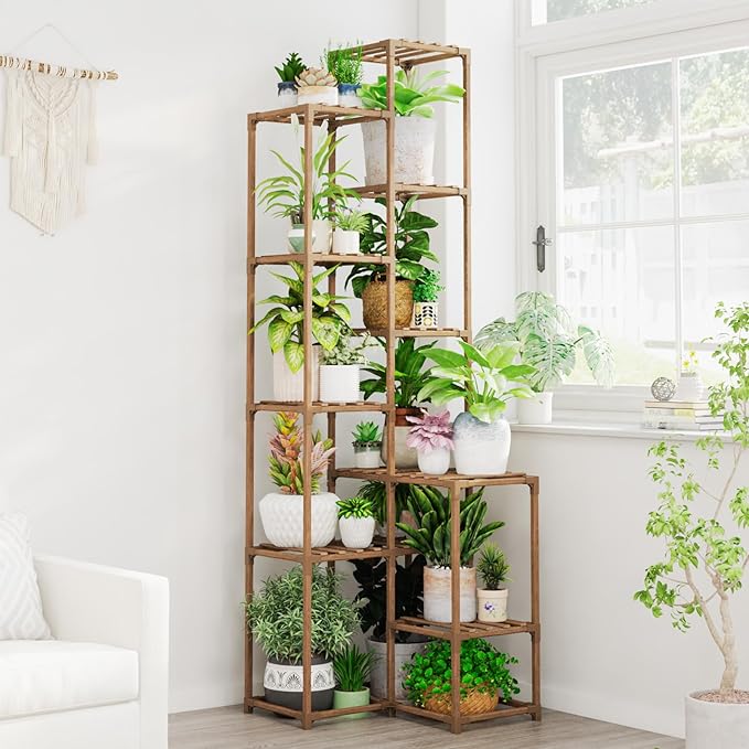 Bamworld 72" Tall Plant Shelf Indoor Outdoor Corner Plant Stand Large Plant Table Wood Plant Holder for 10 Pots Multiple Plants Patio Balcony Garden Office Home Decor
