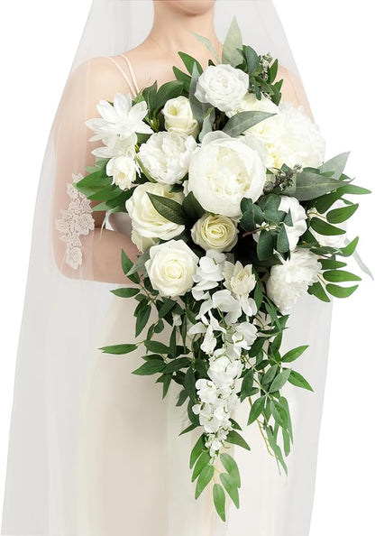 Artificial Bridal Bouquet, Ivory Cascading Silk Flowers with Pearls, 15 in