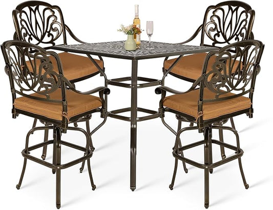 VIVIJASON 5-Piece Bar Height Patio Dining Set, All Weather Cast Aluminum Outdoor Table and Chairs Set with 4 Swivel Bar Stools, Cushions & 35.4" High Bar Table w/Umbrella Hole for Deck, Lawn, Garden