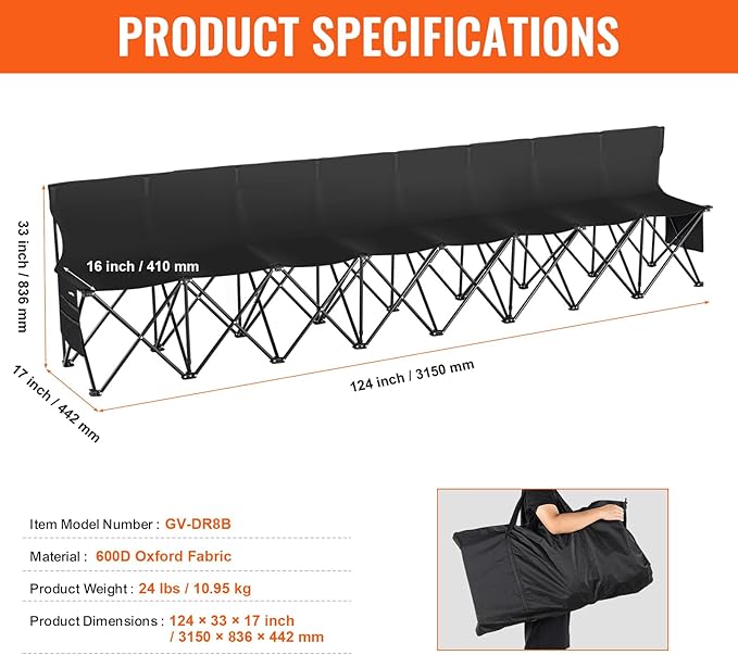 VEVOR Portable Folding Bench, 8 Seats Foldable Sideline Bench, Outdoor Camping Bench Chair with Carry Bag & Backrest, Team Sport Sideline Bench for Football Fishing, No Assembly Instant Seating, Black