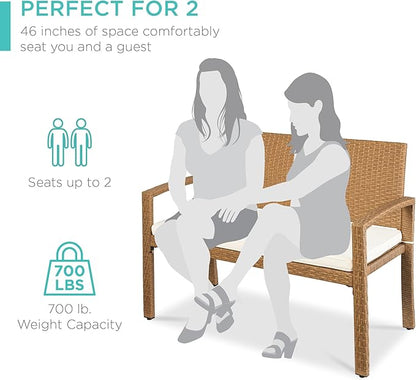 Best Choice Products Outdoor Bench 2-Person Wicker Garden Patio Benches Seating Furniture for Backyard, Porch w/Seat Cushion, 700lb Capacity - Ivory/Natural