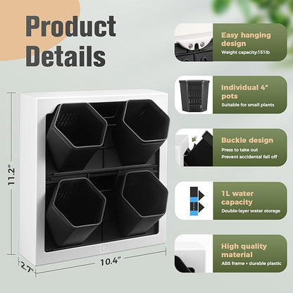 Wall-Mounted Vertical Garden Planter – Ready-to-Use Indoor Wall Planter with 4 Grow Pots – Perfect for Herbs, Succulents & Flowers – No Assembly Required (White)