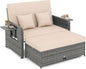 Tangkula Patio Rattan Daybed with 4-Level Adjustable Backrest, Outdoor PE Wicker Loveseat with Storage Ottoman & Folding Side Table, Double Sunbed for Balcony, Backyard & Poolside, Beige & Grey