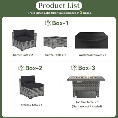 Aoxun 8 Piece Patio Furniture Set with 44'' Fire Pit Table Wicker Rattan Patio Conversation Set Outdoor Sectional Sofa Set with Coffee Table, Grey/Black (Waterproof Cover Included)