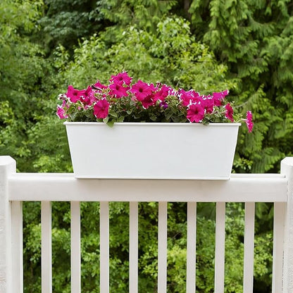 3 Pack Metal Railing Planters, 16 Inch Large Rectangular Hanging Flower Pots with Detachable Hooks & Drainage Holes, Fits Rails up to 2.5", Galvanized Iron Window Box for Balcony Garden - White