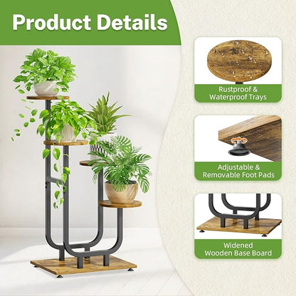 iDavosic.ly 4 Tier Plant Stand Indoor, Corner Tiered Multiple Flower Holder Shelf with Wooden Trays, Orchid Display Metal Rack for Patio Porch Living Room Balcony Outdoor, Modern Black & Rustic Brown