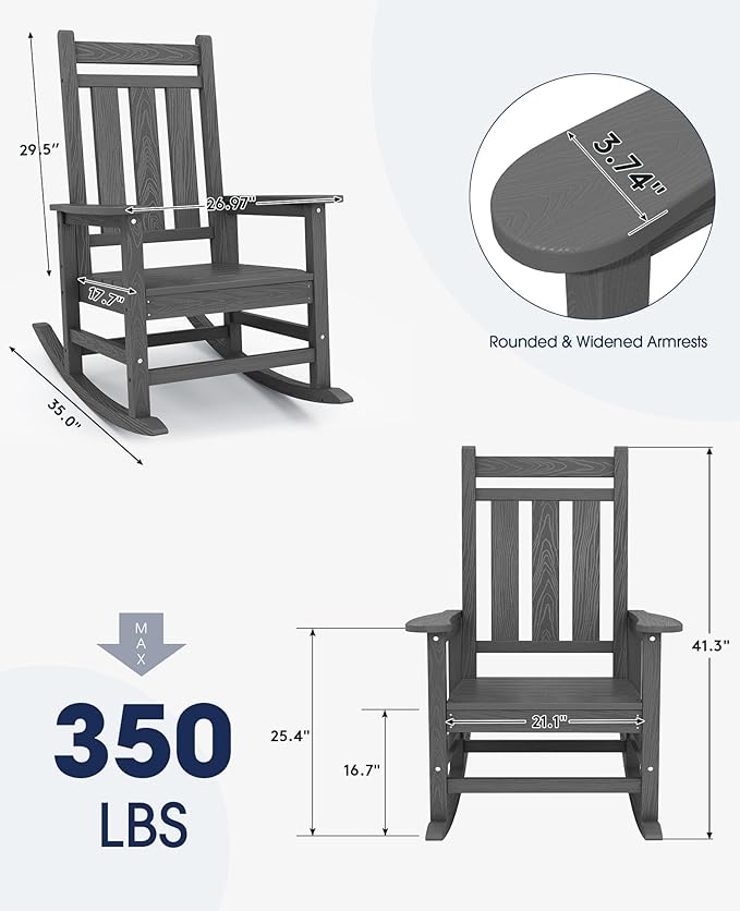 Rocking Chairs Set of 2, Gray HDPE Outdoor Chairs with 350 lb Capacity