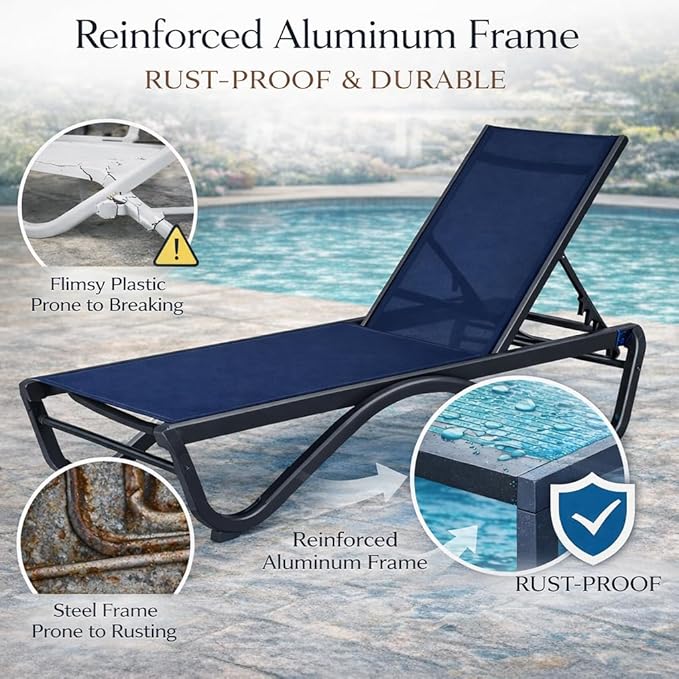 Kozyard Outdoor Chaise Lounge Chair, Full Aluminum Frame, Adjustable Reclining Patio Lounger for Poolside, Sunbathing & Backyard, Textilene (NavyBlue, 2Chairs)