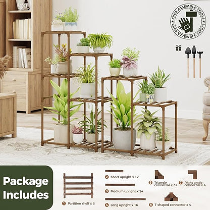 Bamworld Indoor Plant Stands Outdoor Combo Plant Shelves for Multiple Plants 10 Pots Wooden 2 Sets of Package Plant Rack for Living Room Balcony Garden