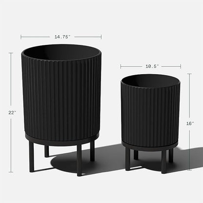 Veradek Demi Series Round Planter w/Stand for Porch/Patio | Durable Plastic-Stone Composite & Wooden Stand | Modern Décor for Tall Plants, Flowers