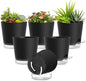 Plant Pots 7 Inch Self Watering Pots, 6 Pack Plastic Planters with Drainage Holes and Clear Saucers,Plastic Flower Pots for Indoor Out Door Plants (Black)