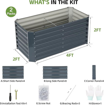 4x2x2ft (2 Pack) Raised Garden Bed - Galvanized Deep Root Planter Boxes Outdoor with Wing Nuts and Safety Edges for Gardening Vegetables, Flowers, Herbs, Succulents - Gray