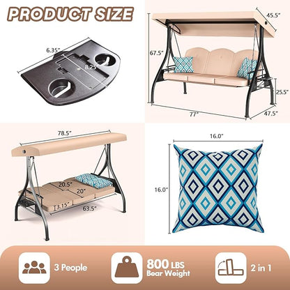 3 Seat Outdoor Porch Patio Swing with Stand 800lbs 2-in-1 Convertible Swing Bed with Adjustable Canopy & Removable Cushion for Yard Garden Deck (Khaki, Square Tube)