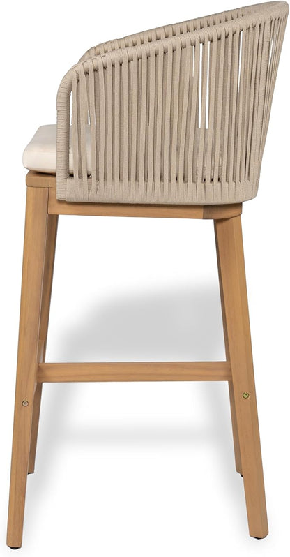 Christopher Knight Home Zax Set of 2 Patio Barstool, Acacia Wood & Rope Outdoor Counter Stool with Backrest/Footrest, Barstool Chairs with Cushion Seating for Backyard Balcony Garden, Beige + Teak