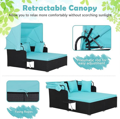 Salches Outdoor Daybed, Patio Daybed with Retractable Canopy, High-Resilient Soft Cushions, Foldable Side Trays, Outdoor Bed Loveseat for Garden, Backyard, Porch (Turquoise)