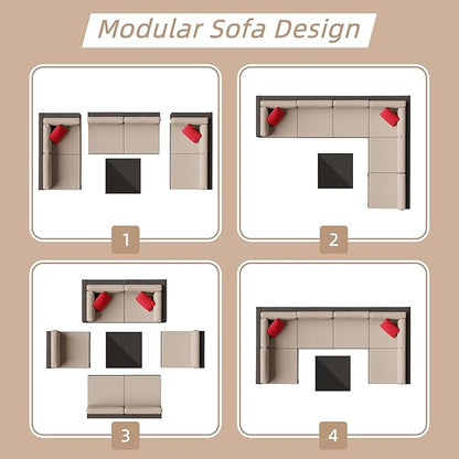 Shintenchi 7 Pieces Patio Furniture Sets Outdoor All-Weather Sectional Patio Sofa Set PE Rattan Manual Weaving Wicker Patio Conversation Set with Glass Table&Ottoman Cushion and Red Pillows, Beige