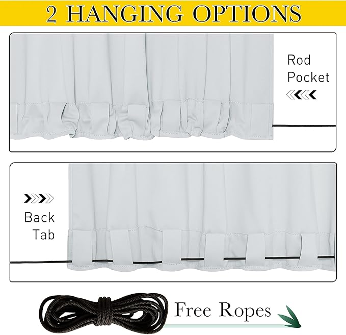 NICETOWN 2 Panels Outdoor Curtains for Patio Waterproof Extra Long 120", Windproof Thermal Insulated Top & Bottom Grommet & Back Tab Blackout Porch Drapes with Rope for Fixed, Greyish White, 52" Wide