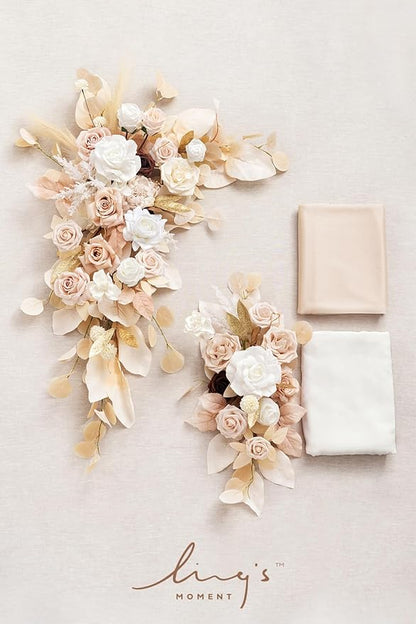 Artificial Flowers Wedding Arch Swag Set, 4 Pieces, White & Beige