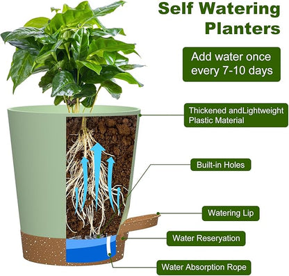 Self Watering Pots, 4 inch Flower Pots with Multi Mesh Drainage Holes, Small Platic Planters for Indoor Outdoor Garden Plants and Flowers (Green with Brown Tray, 4")