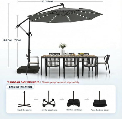 wikiwiki 10ft Solar LED Patio Umbrella with Base Included, Offset Umbrella with Weighted Sandbag Base, Cantilever Patio Umbrella for Backyard, Garden & Deck, 32 LED Lights & Polyester Shade, Dark Gray