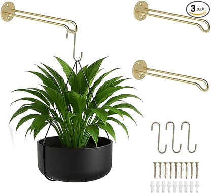 Ilyapa 3 Pack Metal Wall Plant Hangers - 7.5 Inch Plant Hanger for Indoor - Rustic Brass Finish Hooks for Hanging Plants, Baskets, and Macrame - Indoor Hangers for Plants, Lanterns or Wind Chimes